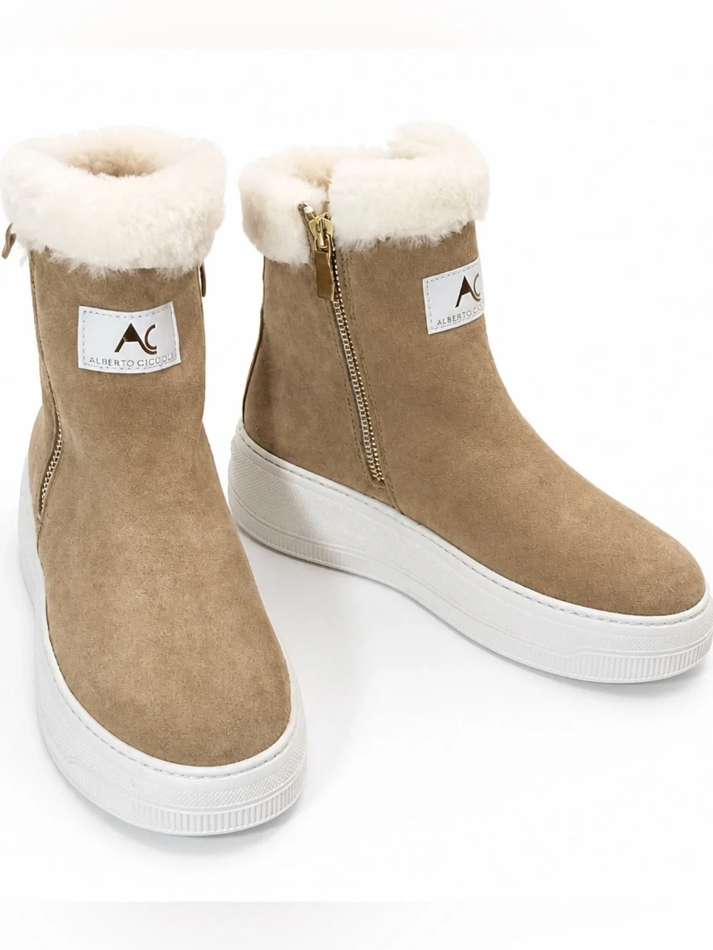 Alberto Ciccioli Women’s Tan Suede Shearling-Trim Platform Winter Ankle Boots